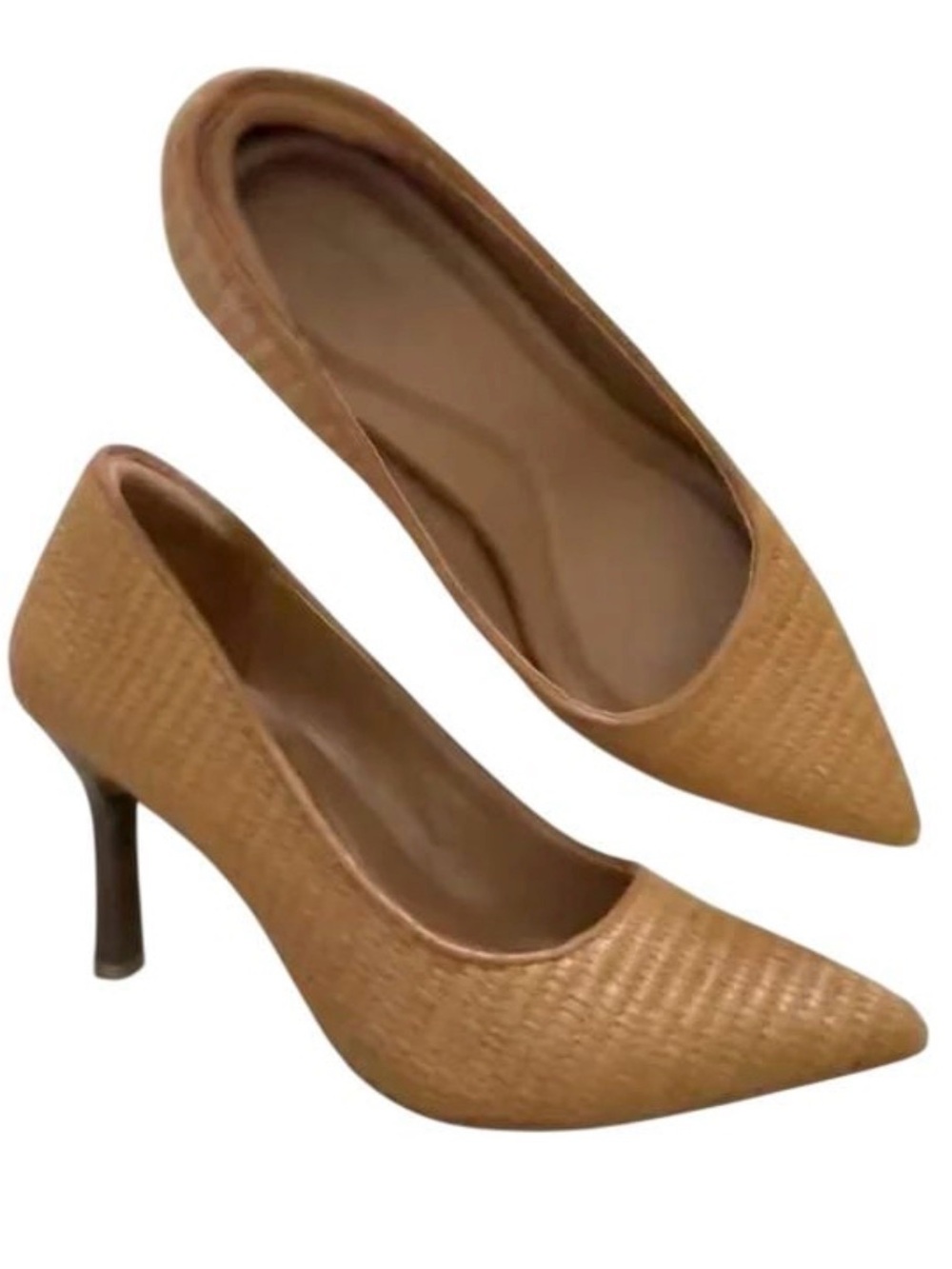 tan woven raffia pointed-toe pumps US 6